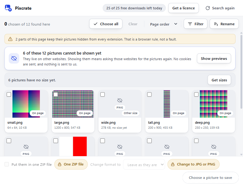 The Pixcrate window listing the images found on a page, with checkboxes, filenames and dimensions.